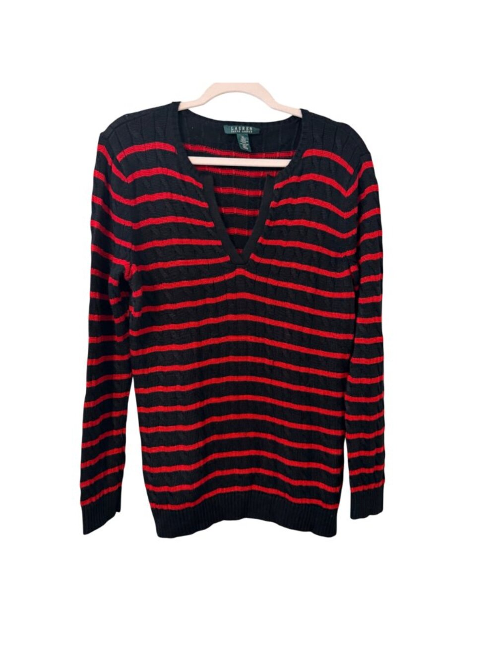 Lauren Ralph Lauren Black & Red Striped V-Neck Sweater XL Cotton Viscose Blend - Picture 6 of 12